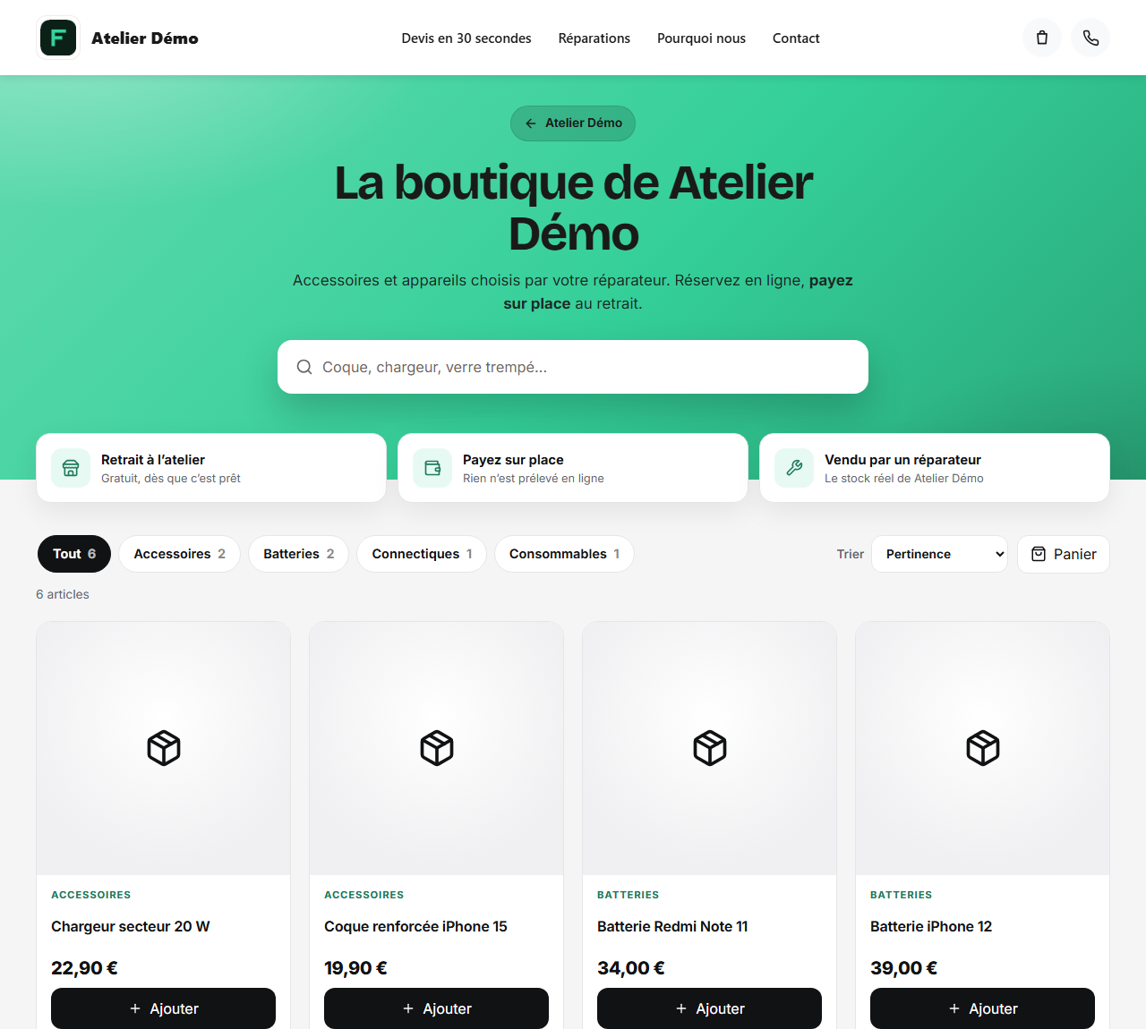 A repair shop’s public online shop: the search, the benefits, the categories, the sorting, the basket and the items