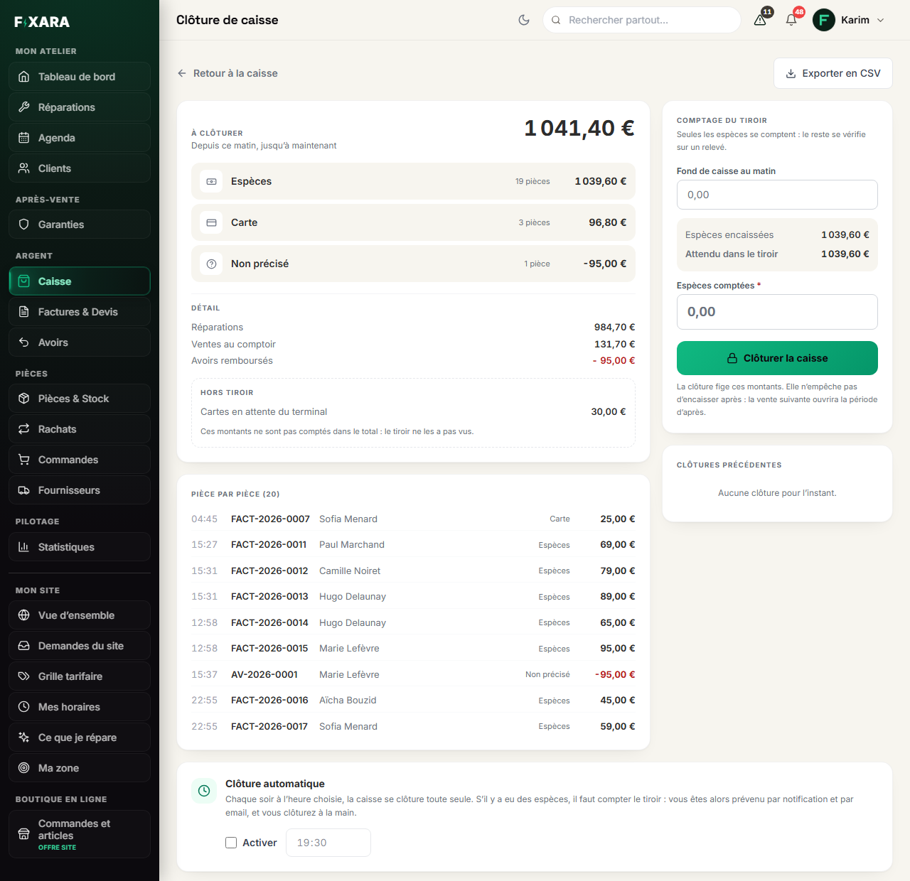 The till closing screen: the day’s total by payment method, the breakdown, the card payments awaiting the terminal, the drawer count and automatic closing