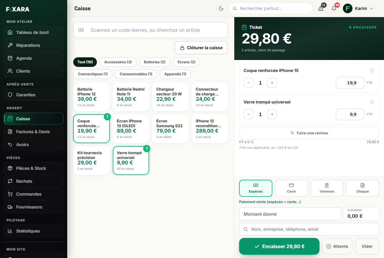 The checkout screen: the item shelf on the left, the receipt with two items on the right, the payment methods and the Take payment button