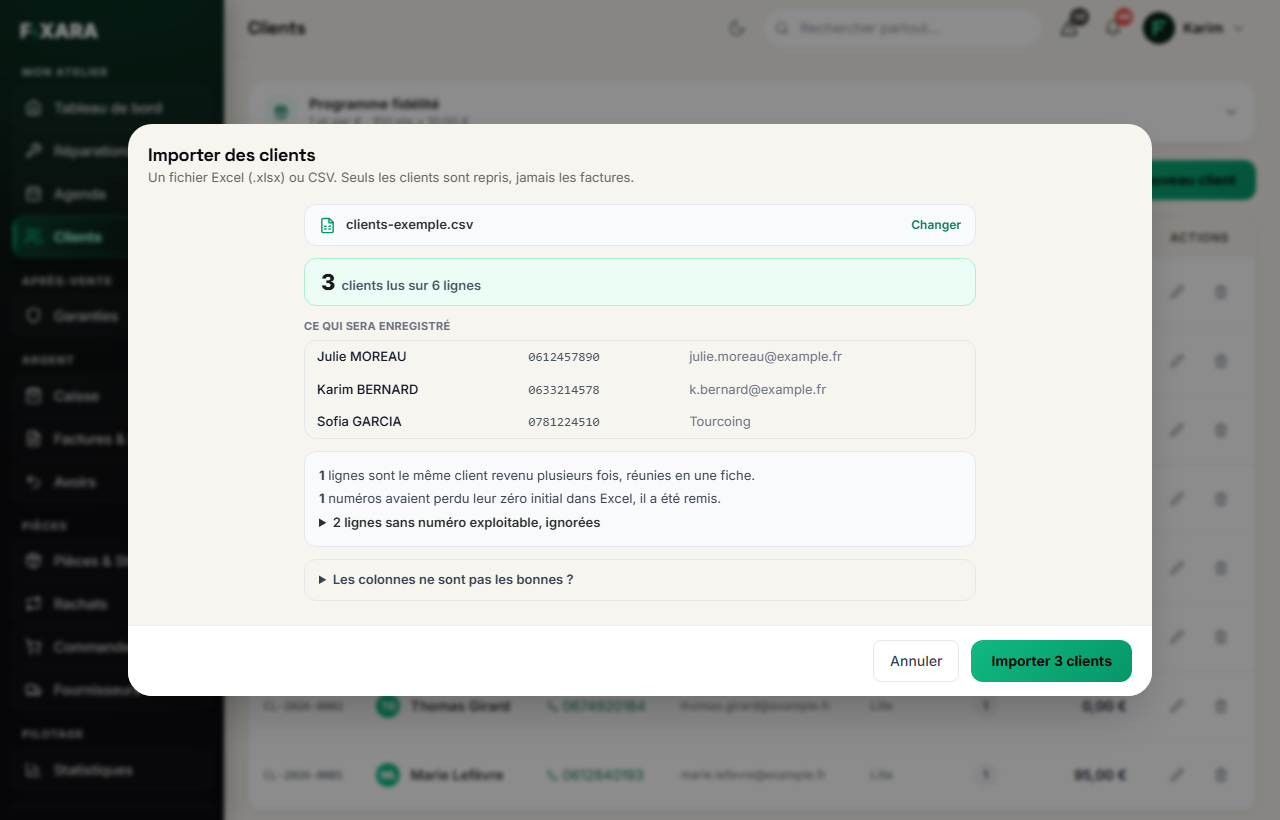 The import preview: the number of customers read, the records as they will be saved, the report of merged or set-aside lines, and the Import 3 customers button