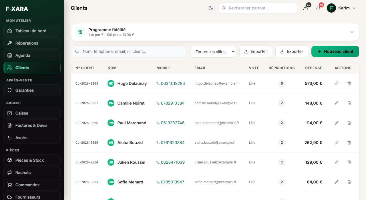 The customer list with the loyalty programme, and the Import, Export and New customer buttons