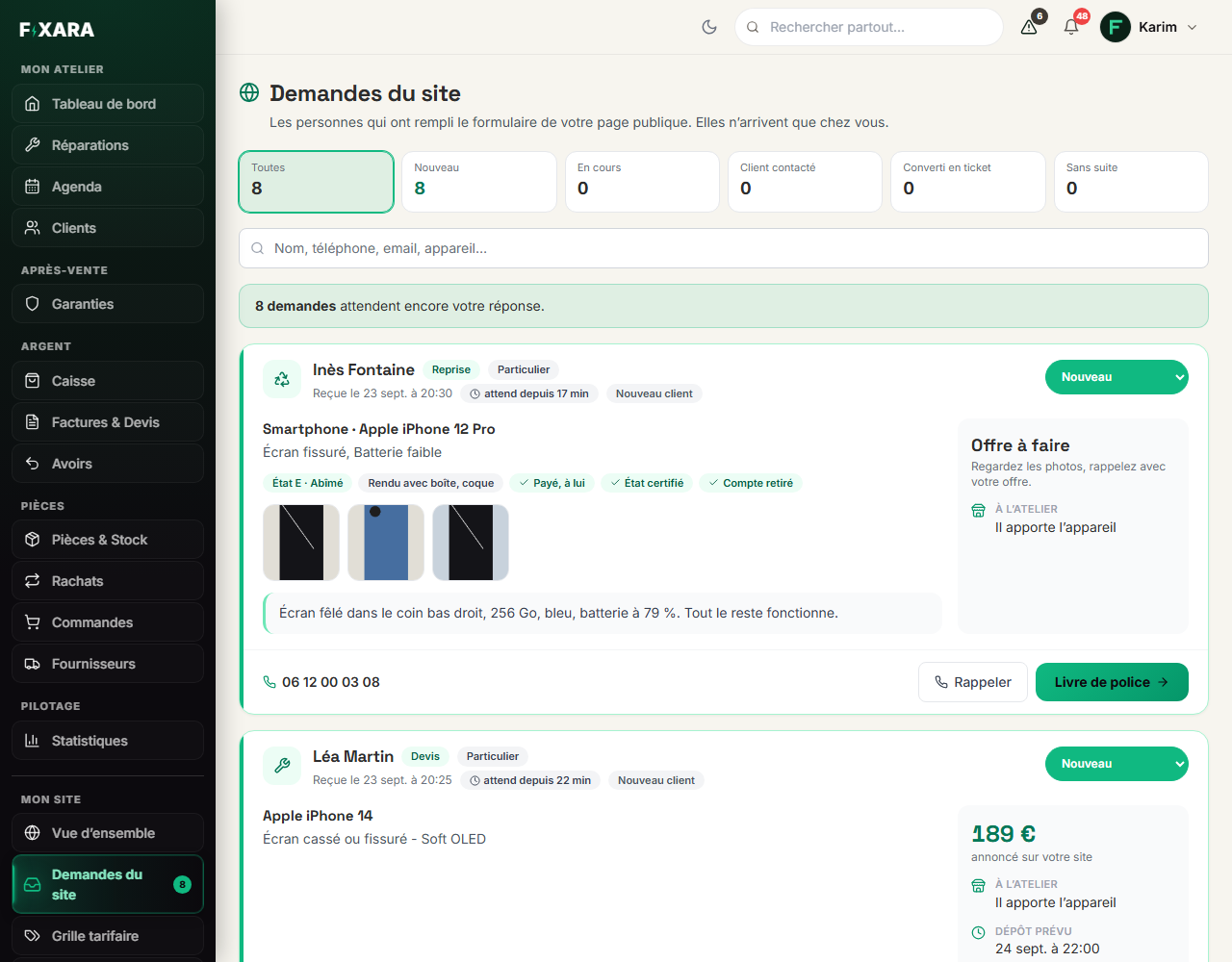 The Website requests screen: the counters by status and the request cards, with their type, waiting time, device, price and buttons