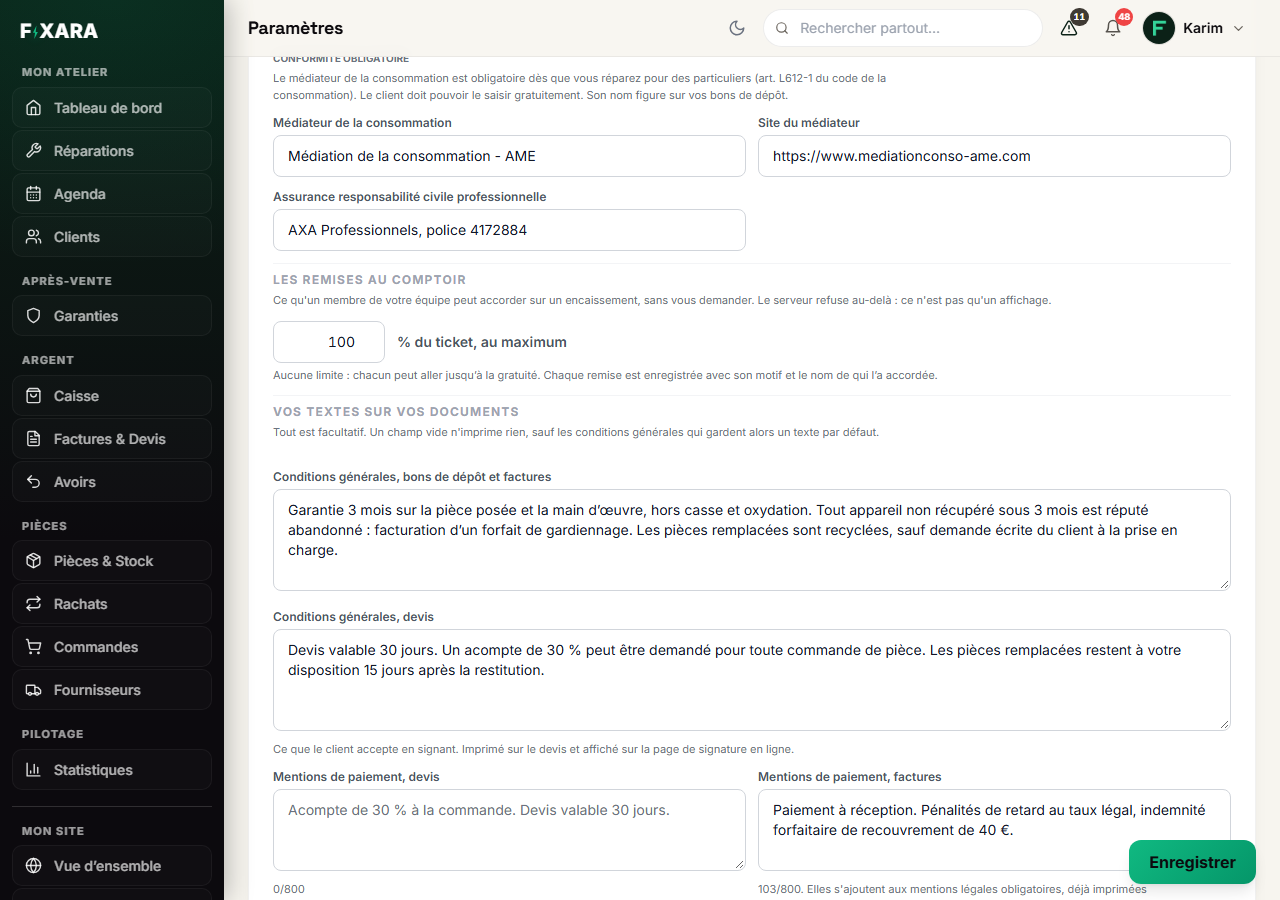 The consumer mediator and insurance fields, the counter discounts, then the terms and conditions for drop-off receipts, invoices and quotes