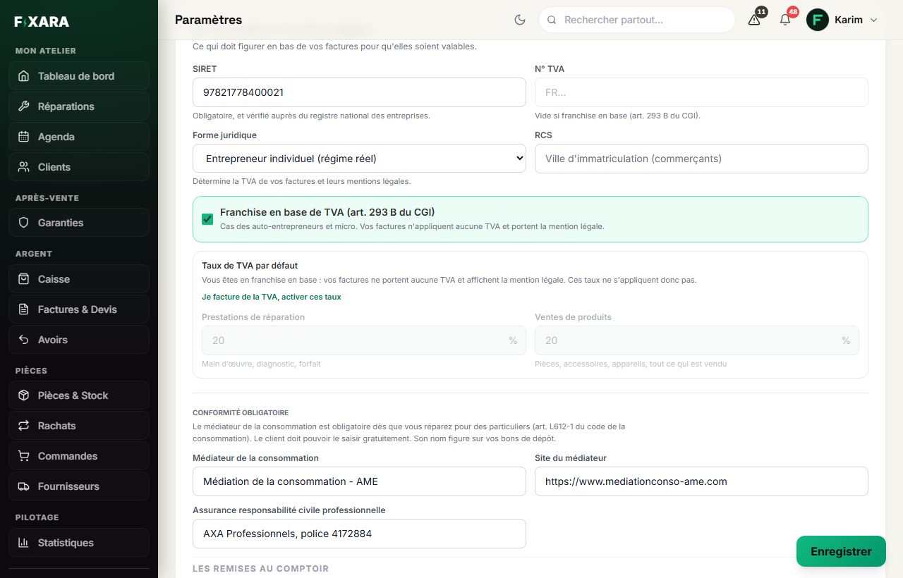 The Invoicing and legal notices block: company number (SIRET in France), legal form, VAT exemption and default rates