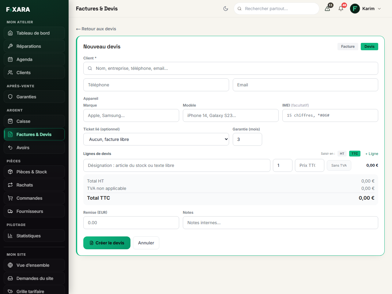 The New quote form: document type, customer, device, linked ticket, warranty, lines and total