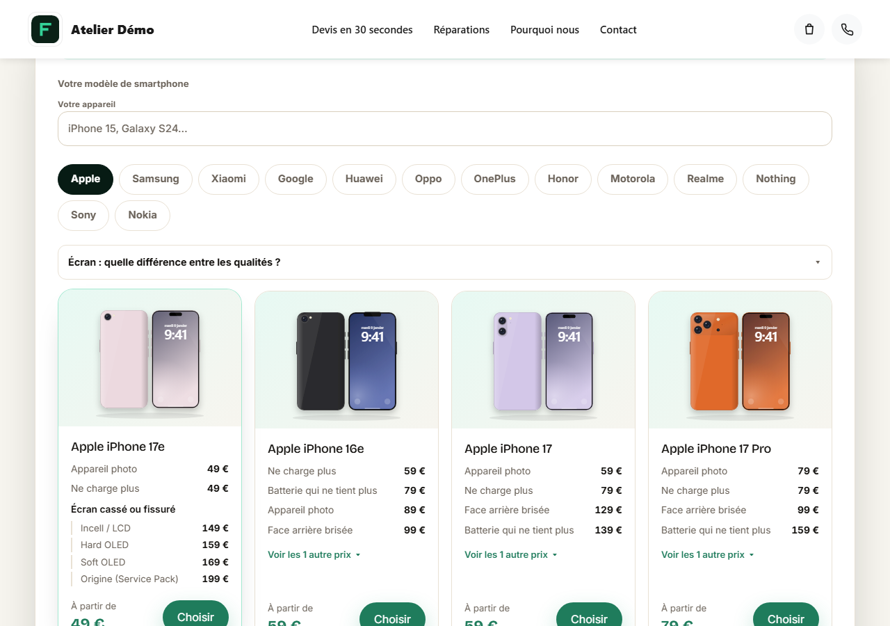 The public quote page: the model search, the brands, the explanation of screen qualities, and the model cards with their prices