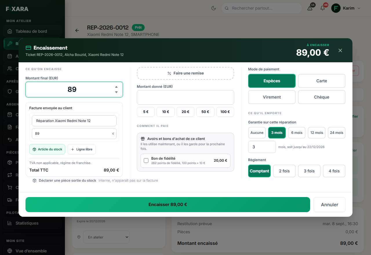 The checkout window: the amount, the invoice sent to the customer, the discount, the customer’s credit notes, the payment method, the warranty and the payment terms