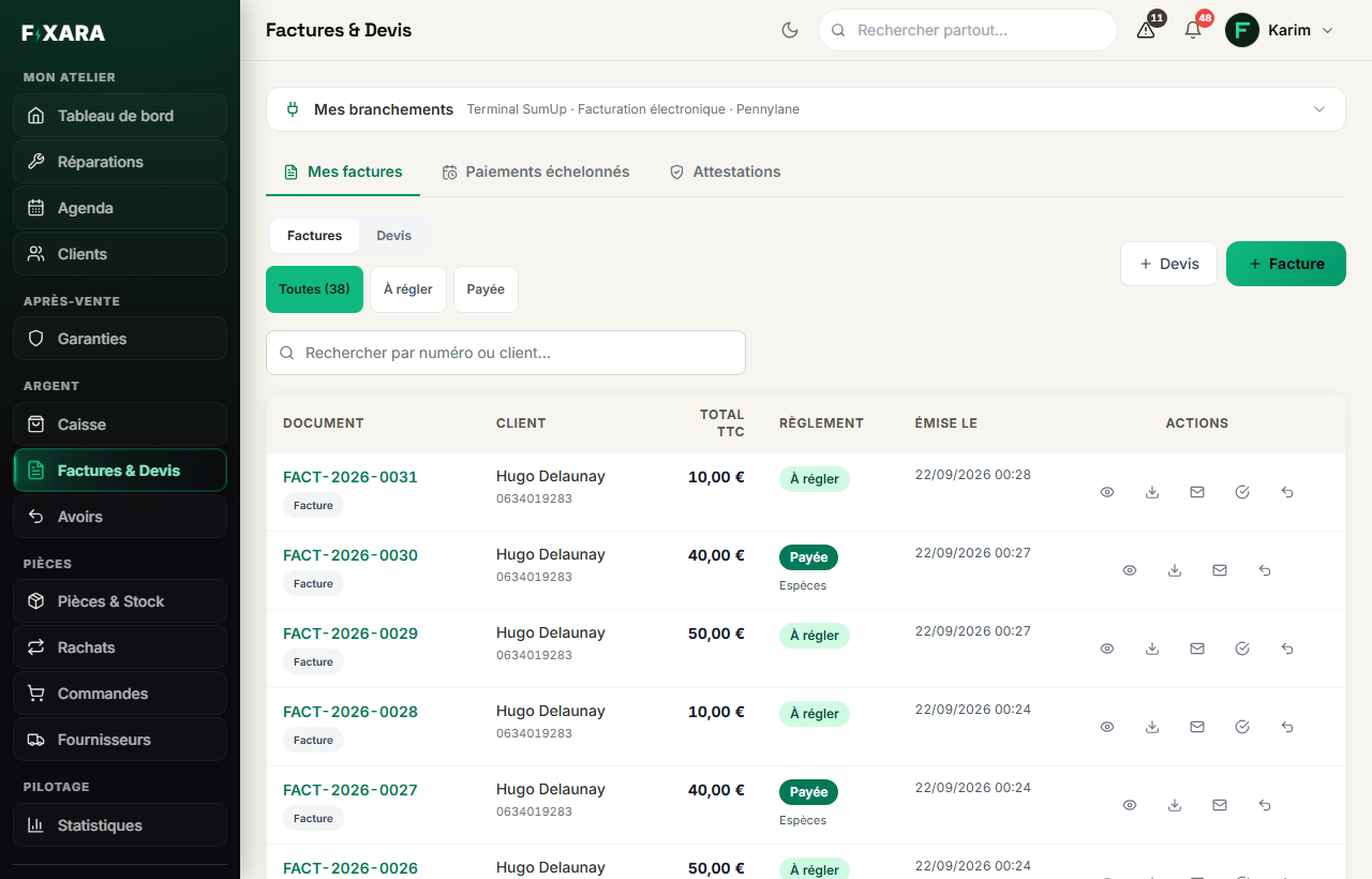The Invoices & Quotes screen: My connections, the three tabs, the Invoices / Quotes switch, the filters, and the list of documents with their payment status