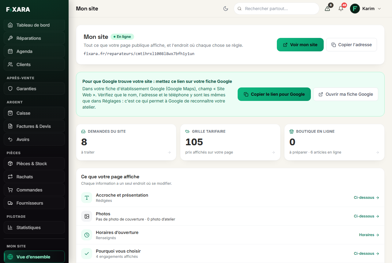 The My website overview: the online status, the address, the link for Google, the three counters and the list of what the page shows