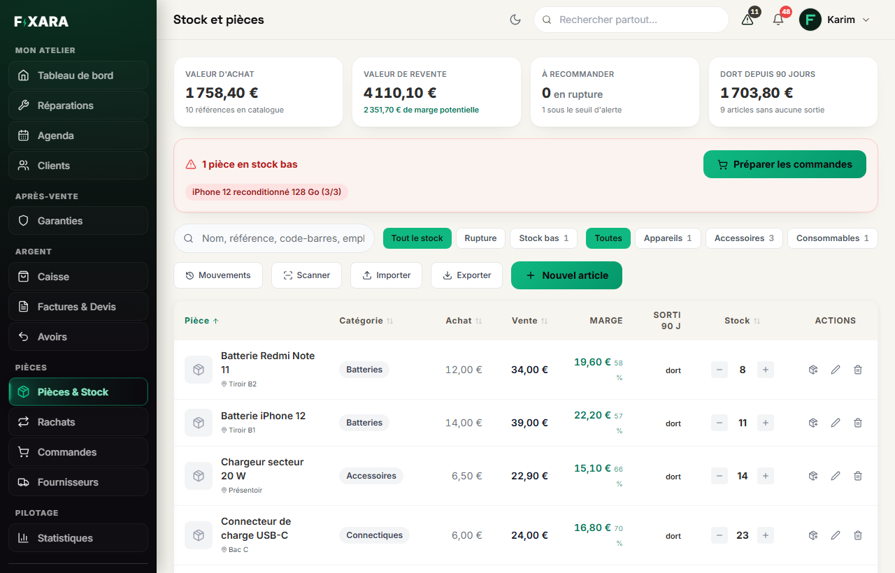 The Parts & Inventory screen with its figures, filters and list of items