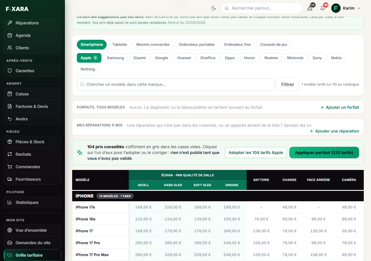 The price list: device and brand filters, buttons to adopt the suggested prices, then the table of prices by model
