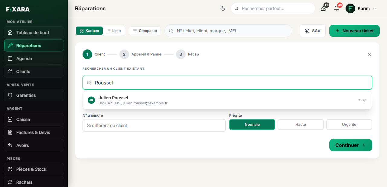 The first step of the check-in: searching for an existing customer, with one result shown