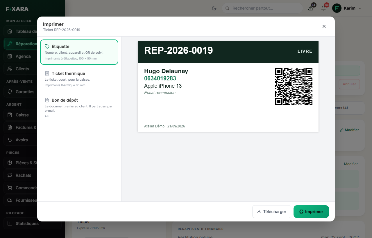 The print window for a ticket: the three formats on the left, the label preview on the right
